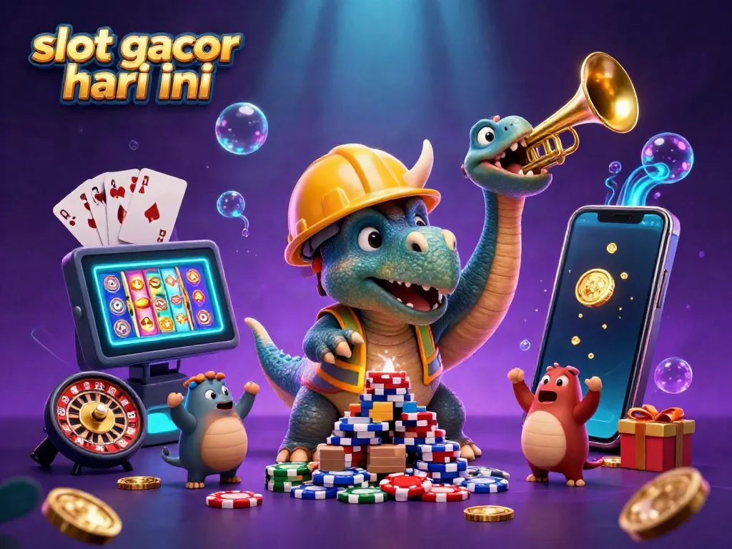Slot gacor hari ini merayakan kemenangan di kasino dengan dinosaurus kartun.
