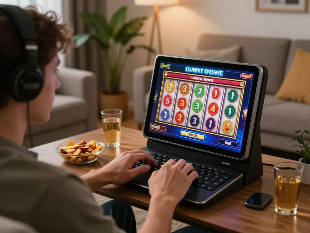 Pemain memutar mesin slot online yang berwarna-warni di tablet, menampilkan permainan yang menarik.