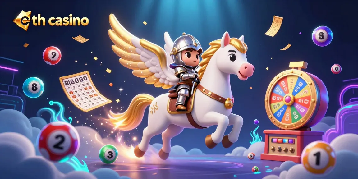 Experience the eth casino adventure with a knight riding a celestial horse amidst dynamic lottery elements.