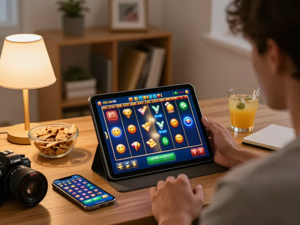 Engaging slot online gameplay on a tablet, showcasing exciting reels and a cozy home atmosphere.