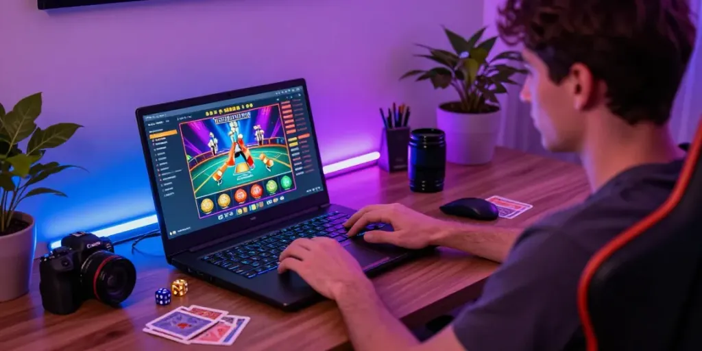Player enjoying akunjp online gaming experience with vibrant setup and gaming accessories.