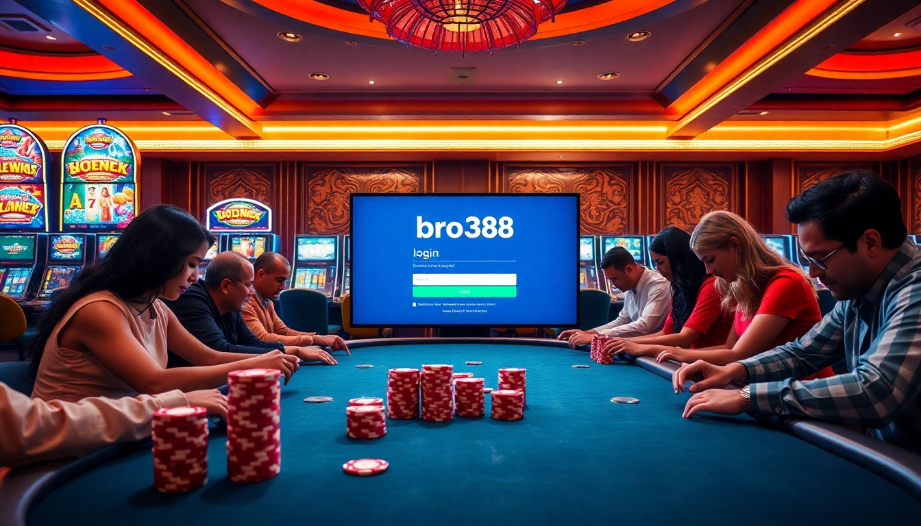 Engaging poker scene at a luxury casino with players and a 'bro138 login' interface displayed.
