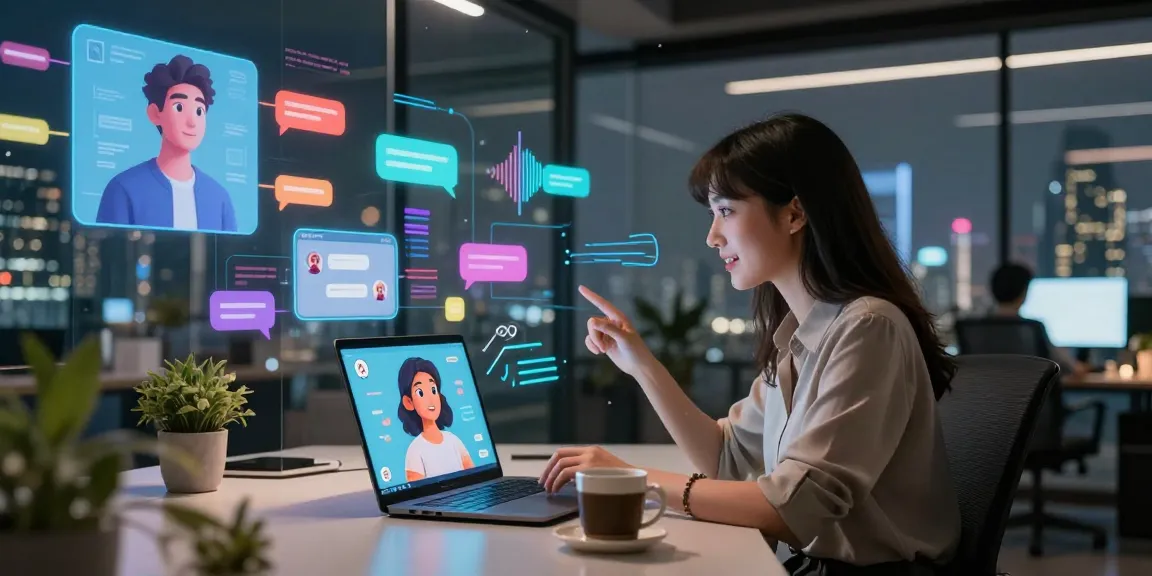 Interactive workspace depicting crushon ai, user engaging with a vibrant AI character chat on laptop.