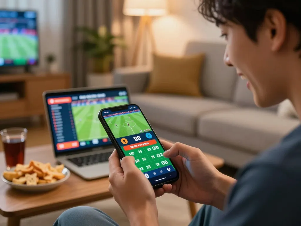 Engaging in kèo bóng đá trực tuyến while betting on a smartphone in a cozy living room, showcasing the excitement of live sports betting.