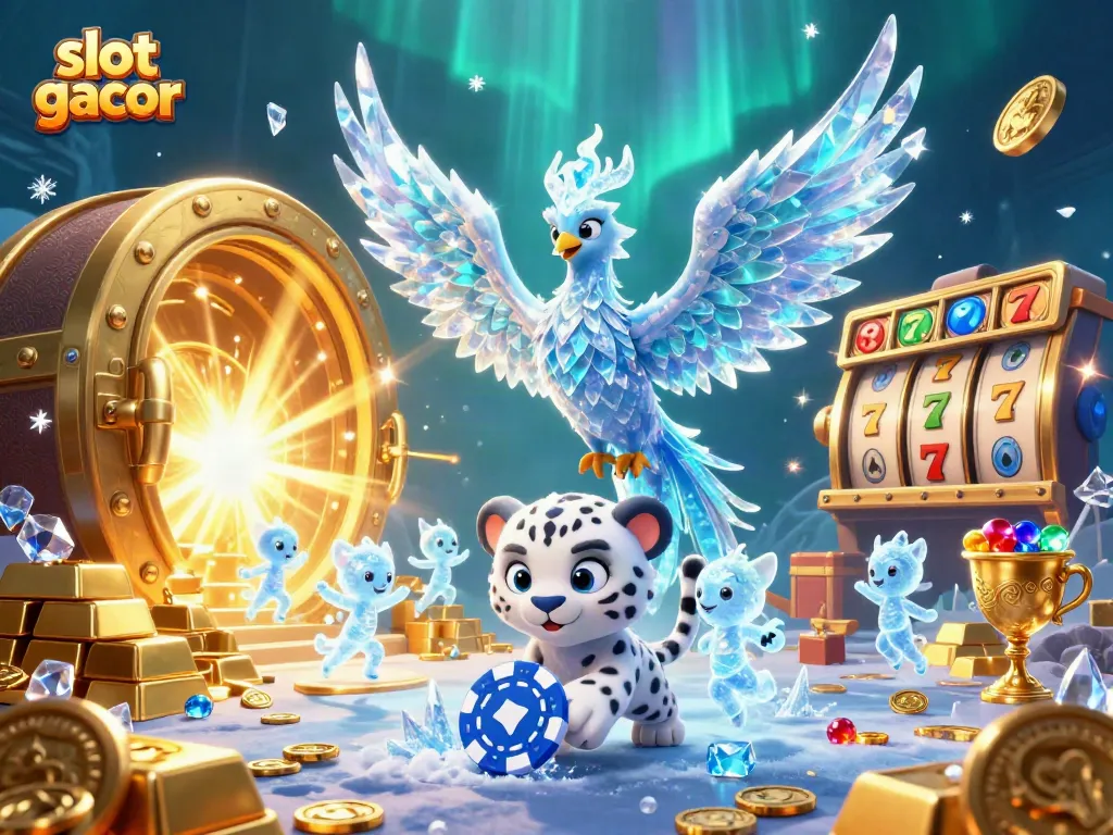 Bermain slot gacor dengan phoenix es berwarna-warni dan chip poker di tengah harta karun yang bersinar.