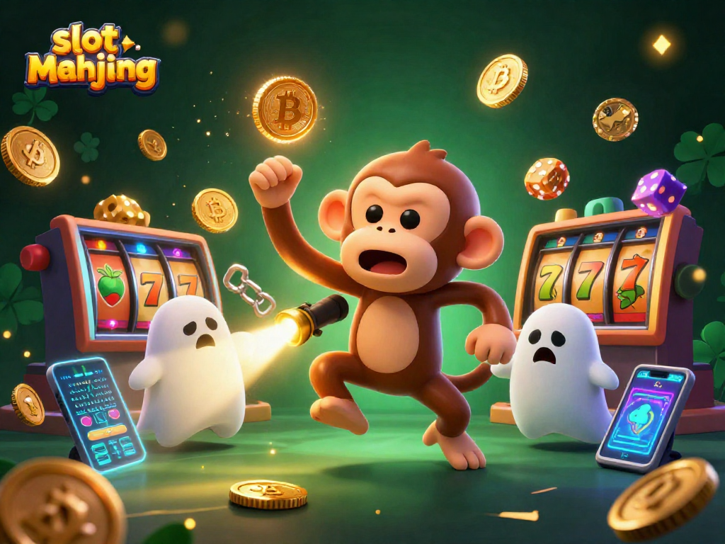 Spin slot mahjong reels amidst vibrant coins and haunted characters in a dynamic casino illustration.
