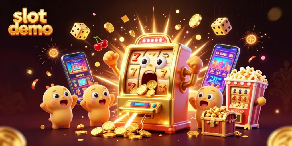 Slot demo seru dengan mesin slot emas kartun merayakan jackpot, dikelilingi koin emas dan simbol kasino.