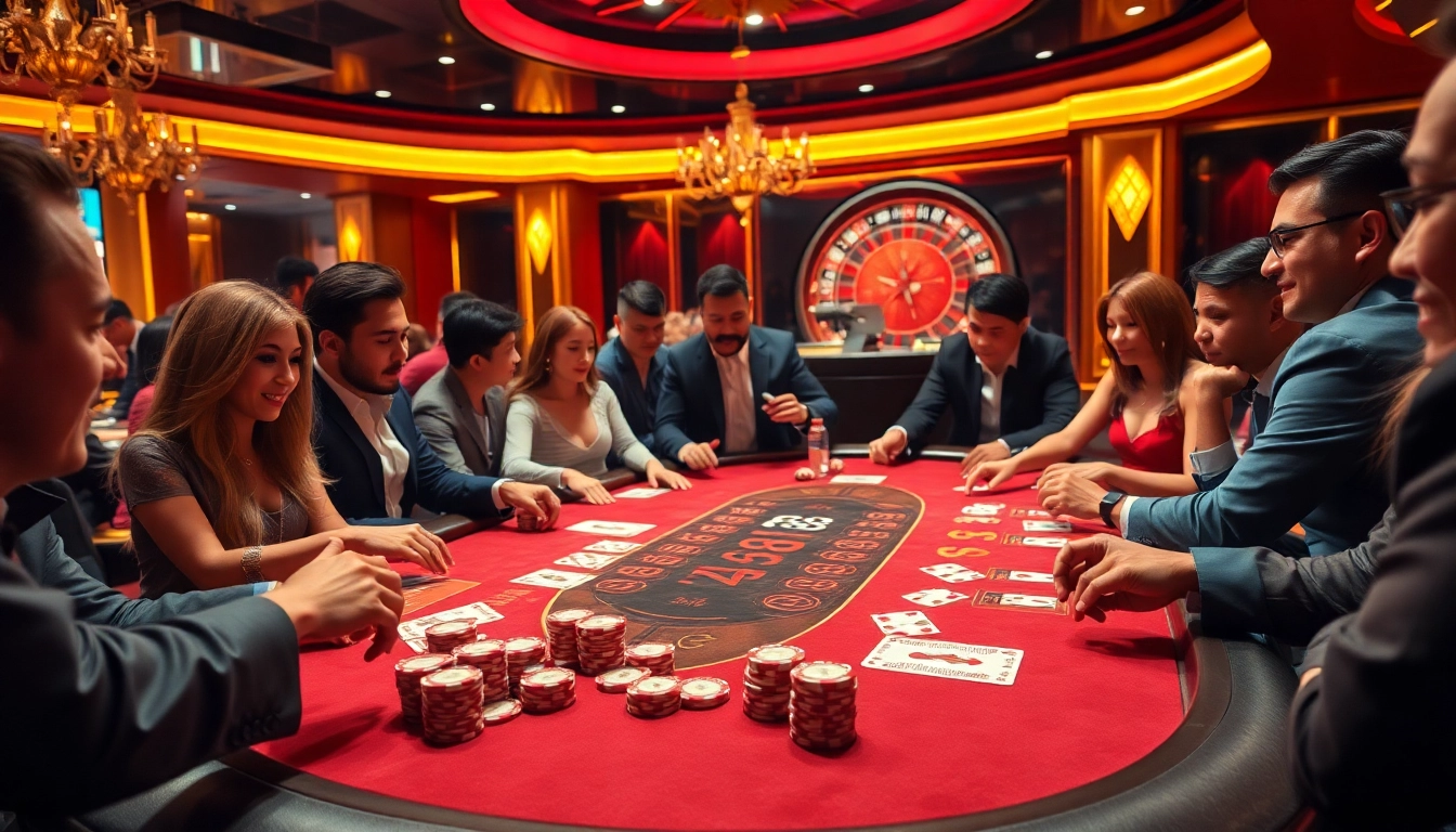 Experience the thrill of FLY88 with poker chips and cards in a luxurious casino setting.