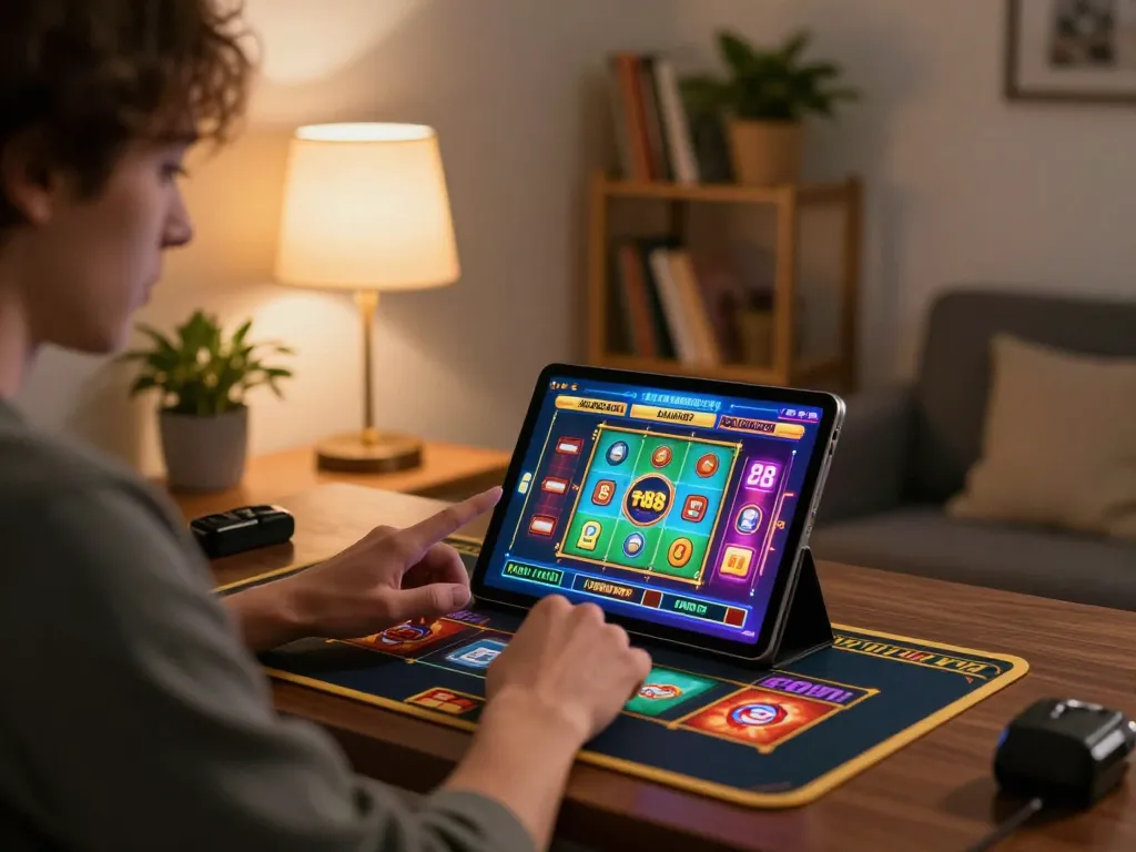 Engaging in tr88 game on tablet in a cozy home setting with vibrant graphics displayed