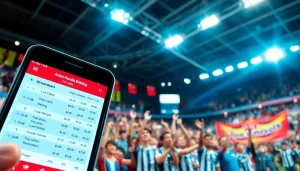 Pasang SBOBET saat menyaksikan pertandingan dengan smartphone di tengah keramaian penggemar.