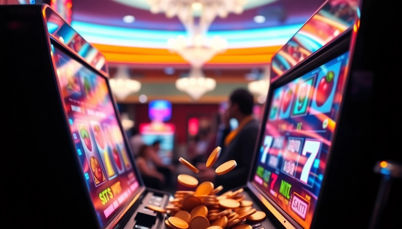 Permainan Slot Game yang menghibur dengan mesin slot dan koin emas di kasino.