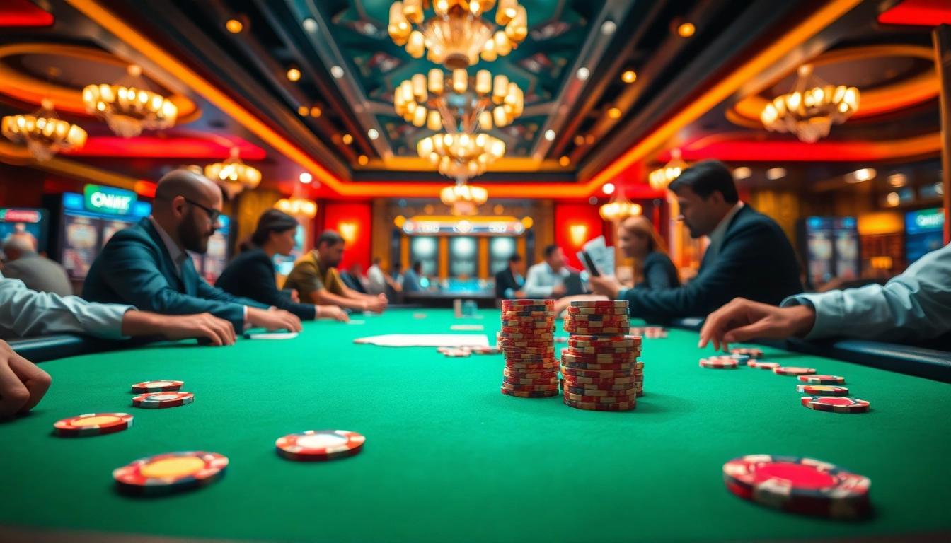 Engaging casino poker table scene showcasing vibrant chips and cards.