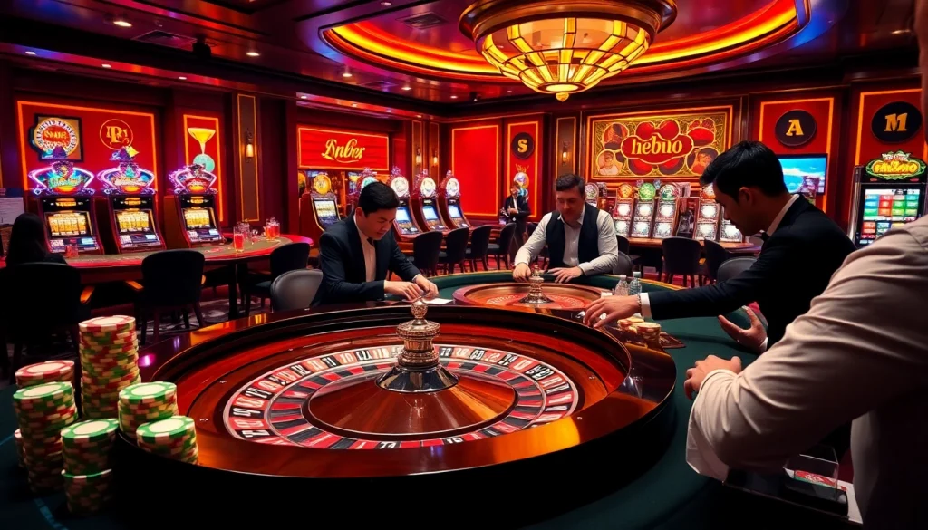 Action-packed casino scene with gamblers enjoying roulette and slot machines, featuring nh88.