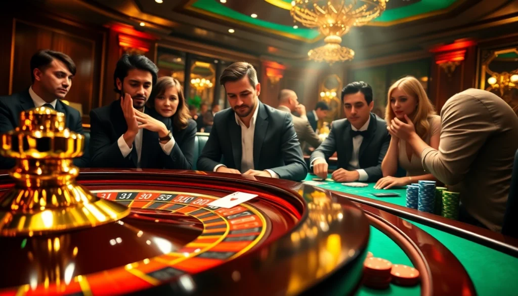 Players engaging at a glamorous 58win casino table, full of vibrant chips and cards.