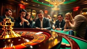 Players engaging at a glamorous 58win casino table, full of vibrant chips and cards.