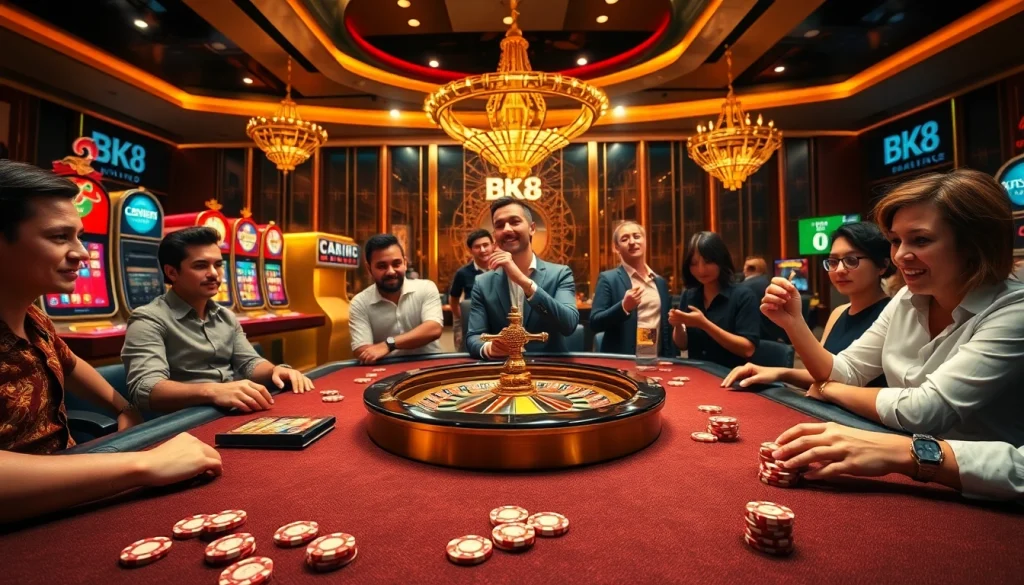 Exciting BK8 เว็บตรง online gambling scene with poker players at a luxurious casino table.