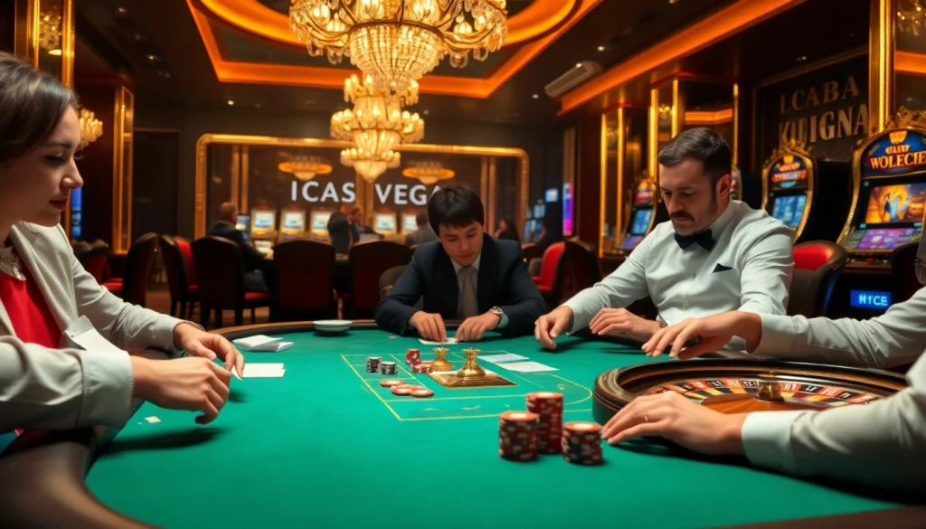 Dynamic gambling scene at lc88 trang chu featuring a high-stakes poker table with professional players.