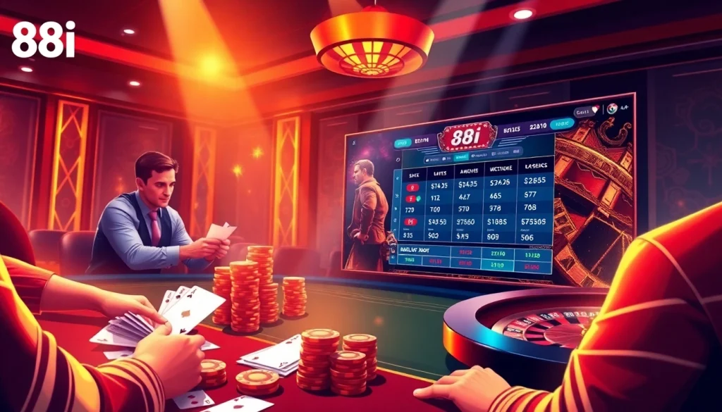 Experience the thrill of poker at 88i's luxurious online casino table, complete with vibrant chips and cards.