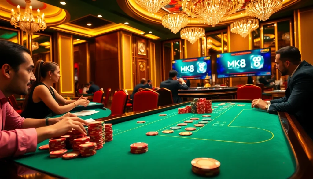 Excitement at the MK 8 casino table with players and vibrant poker chips.