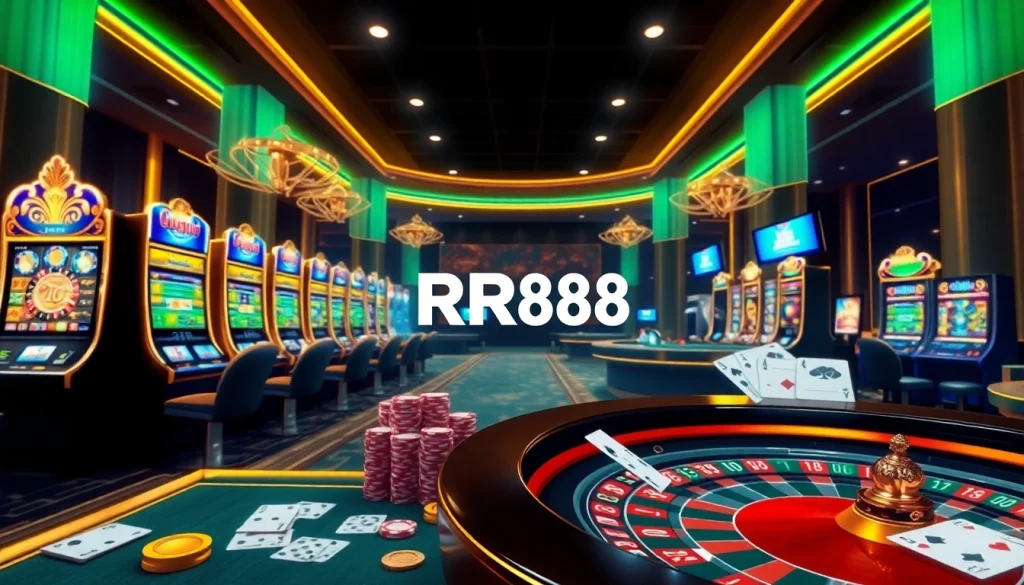 RR88 enhances your gaming experience at a luxurious online casino filled with vibrant slot machines and poker chips.