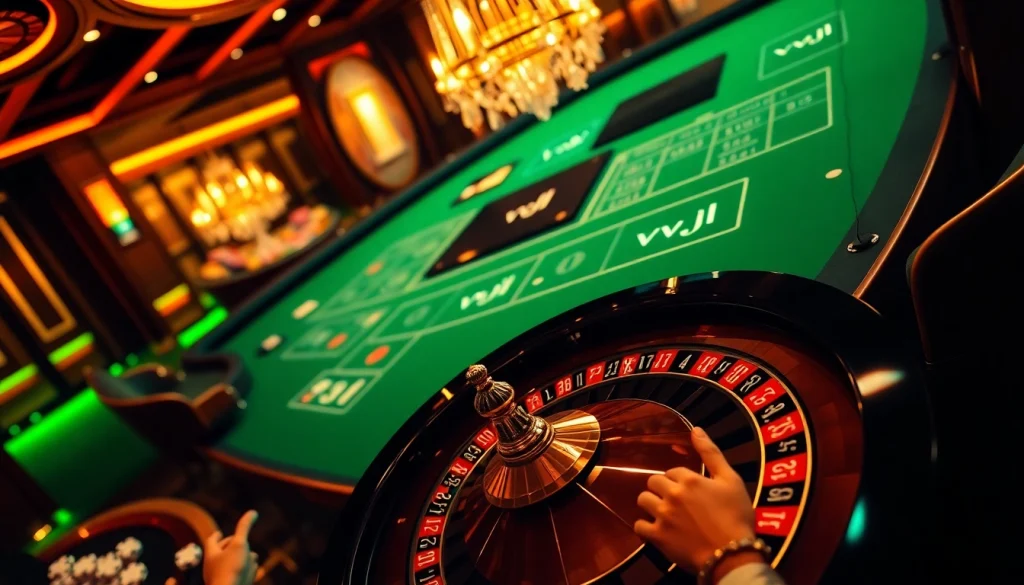 Experience thrilling online betting with VVJL's vibrant casino atmosphere featuring roulette and poker.
