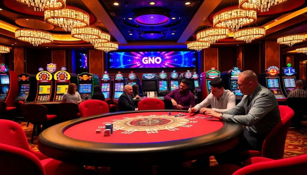 A vibrant casino scene showcasing gamebaidoithuong with players at a poker table and roulette wheel.