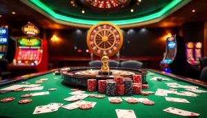 Experience the thrill of RR88 at an elegant casino table with poker chips and cards.