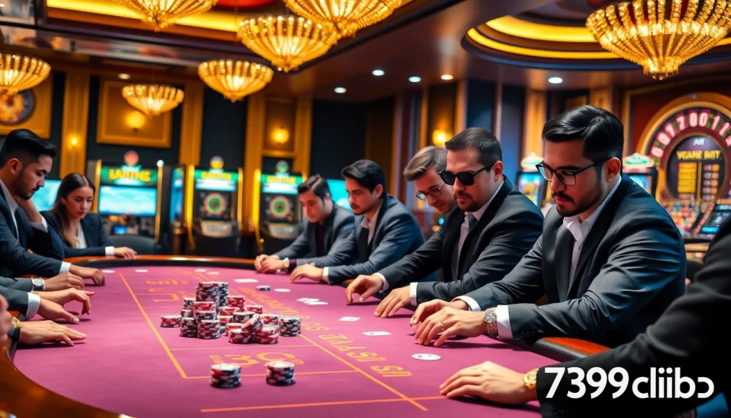 Professional players engaging in an intense poker game at 789club's luxurious casino.