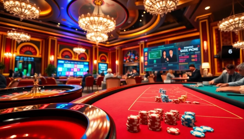 Exciting gameplay action at trang chủ Jun88 casino with poker chips, players, and a roulette wheel in a luxurious setting.