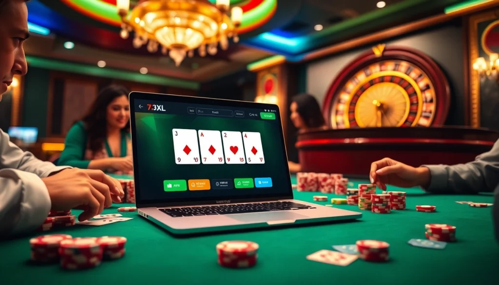 משחק מרגש על שולחן פוקר 7XL עם קלפים וצ'יפים צבעוניים.