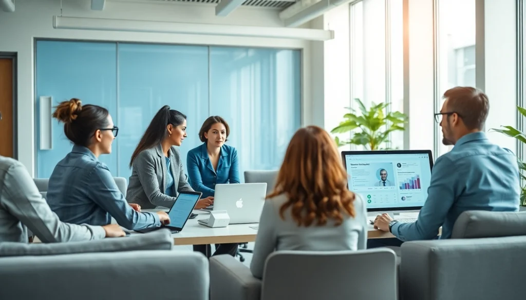 Team discussing innovative SaaS solutions in a modern office setting.