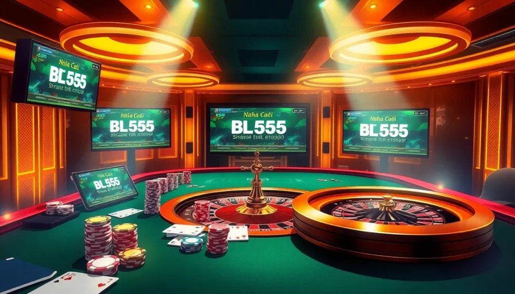 Experience the excitement of Nhà cái BL555 through a luxurious online casino scene featuring vibrant gaming elements.