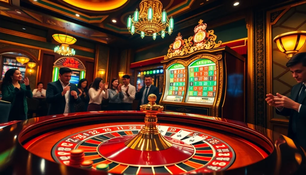 Illustration of a dynamic casino scene with lô kép betting slips, showcasing vibrant gaming tables and enthusiastic players.