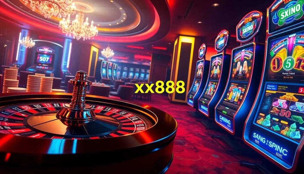 Experience the thrill of betting at https://xx88.promo/ with an upscale online casino scene featuring vibrant slot machines and poker chips.