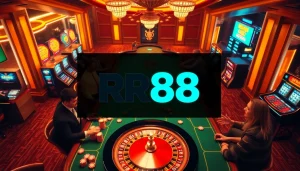 Players enjoying a thrilling casino game at the RR88 gaming table with vibrant chips and lights.
