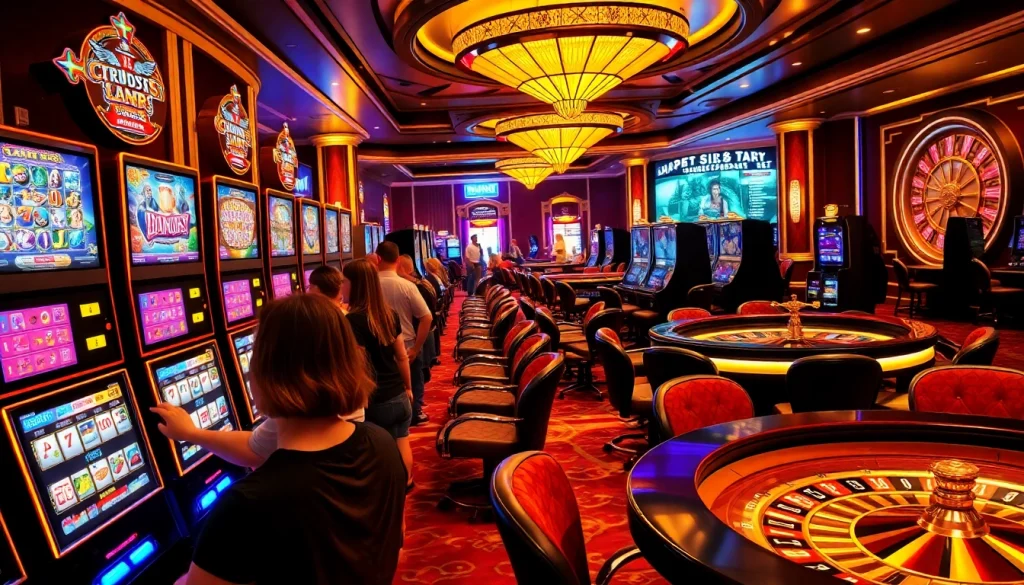 Engaged players spinning slot machines in a glamorous casino setting, highlighting excitement and luxury.