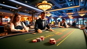 에볼루션 바카라의 화려한 테이블과 라이브 딜러들이 있는 카지노 환경을 보여줍니다.