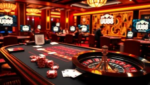 Players enjoying a thrilling experience at NHÀ CÁI UU88 casino tables with vibrant chips and cards.