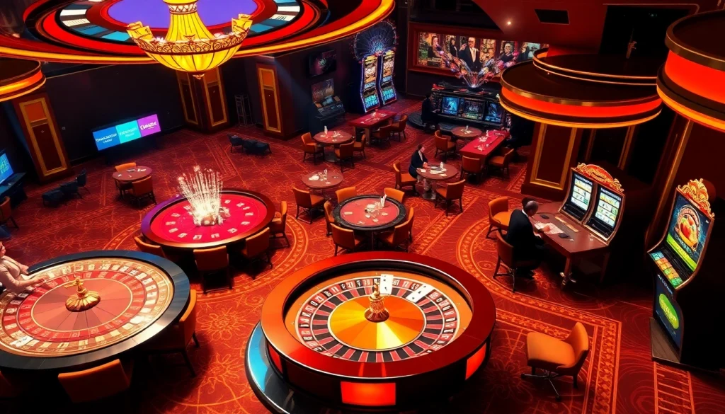 Players immersing in the excitement of nhà cái dr88, engaging with vibrant casino tables and a glowing roulette wheel.