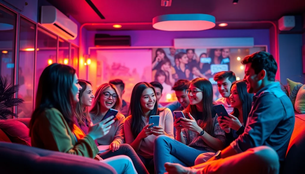 مشهد تفاعلي يضم مستخدمين من خلفيات متنوعة يتبادلون المحادثة في بيئة غرفة دردشة شات تعب قلبي، أجواء حيوية.