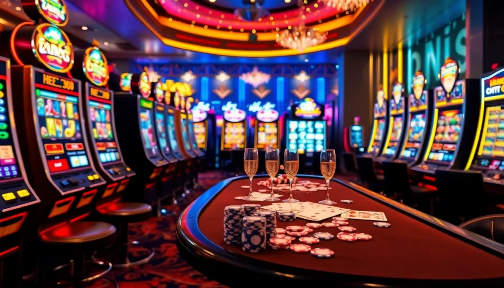 Excited patrons enjoying thrilling slot machines at a luxurious casino, showcasing vibrant lights and design.