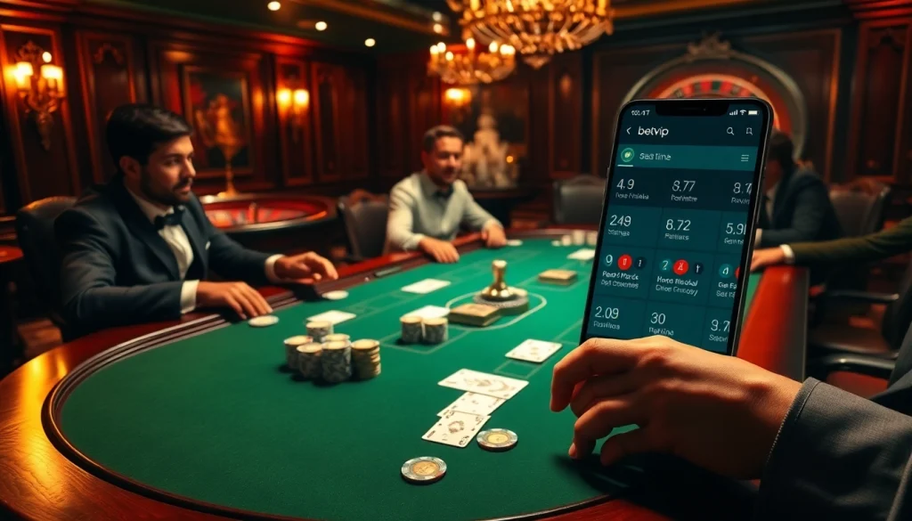 Trò chơi poker đầy kịch tính với ứng dụng betvip cho cược trực tiếp và bầu không khí casino sang trọng.