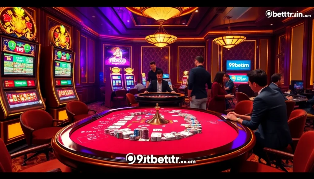 View a vibrant casino scene showcasing strategic gameplay at https://i9bet.ren/ with colorful poker chips and slot machines.