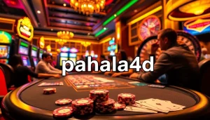 Experience the excitement of pahala4d with vibrant casino visuals of poker chips and a roulette wheel.