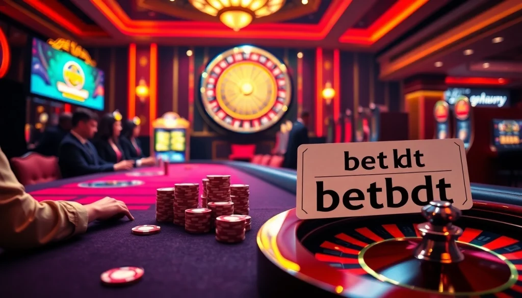 Players enjoying their experience at betbdt casino with vibrant slot machines and a roulette wheel.