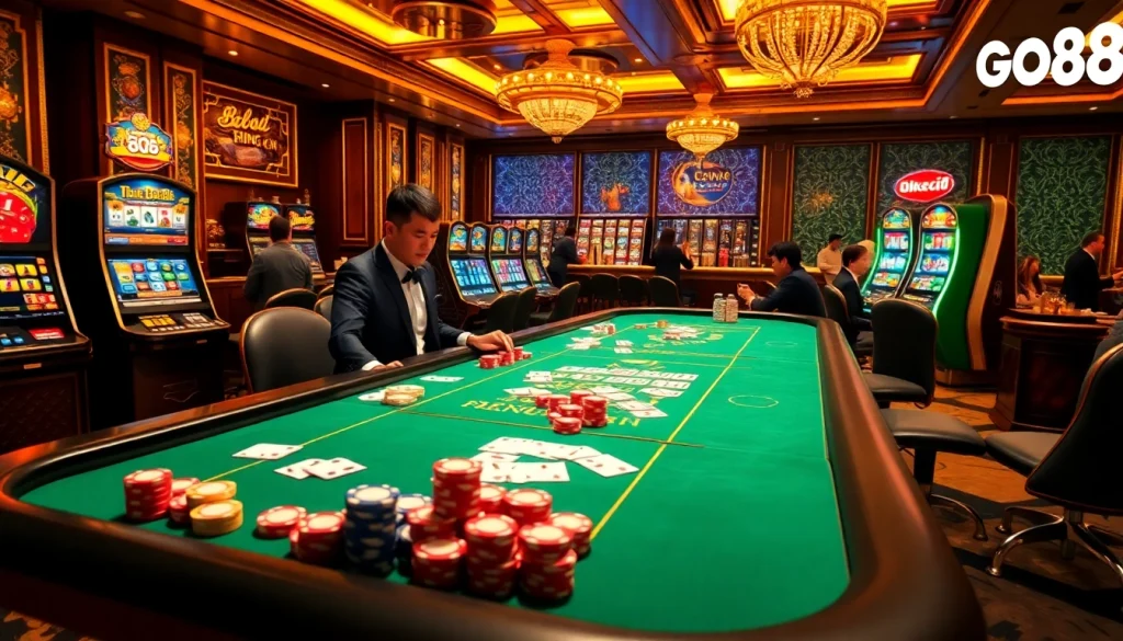 Experience the excitement of Go88 with a professional dealer and vibrant casino atmosphere.