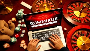 התחברו למשחק רמיקוב אונליין באמצעות מחשב נייד בסביבה של קזינו יוקרתי עם קוביות ושבבי פוקר.