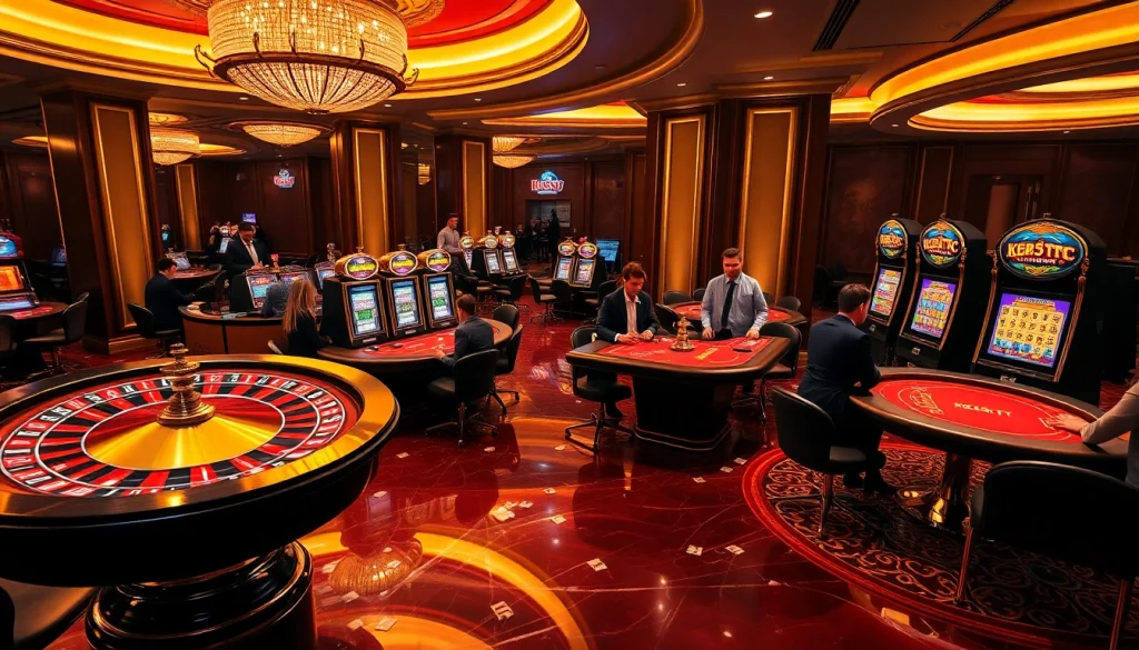 Engaging gamblers at a luxurious casino featuring the 'kk55.fit' theme, with poker tables and a roulette wheel.