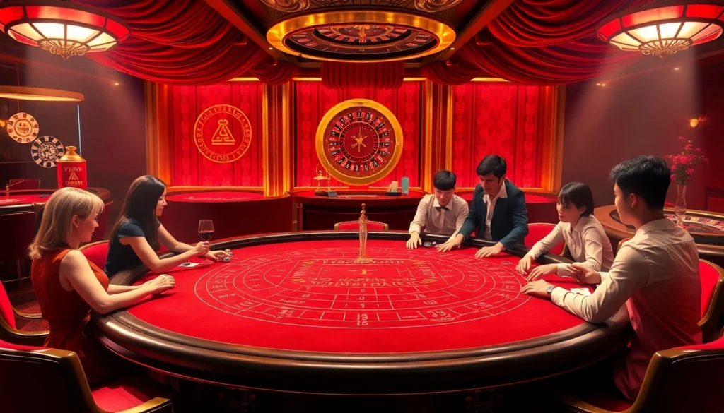 Excited players at the luxurious 789WIN baccarat table in a vibrant casino scene.