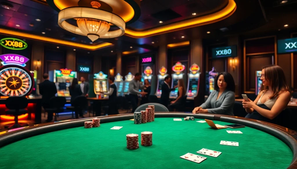 Experience the thrill of gambling with XX88 at a vibrant casino table filled with poker chips and cards.